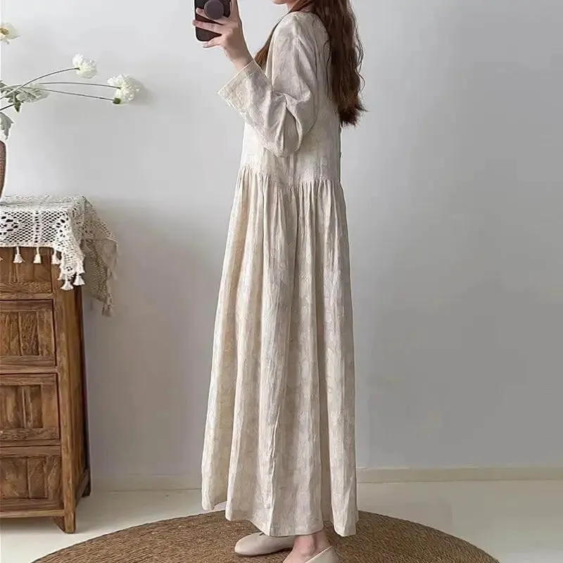 Textured Linen Maxi Party Dress for Women with Long Sleeves