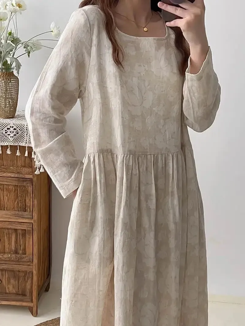 Textured Linen Maxi Party Dress for Women with Long Sleeves