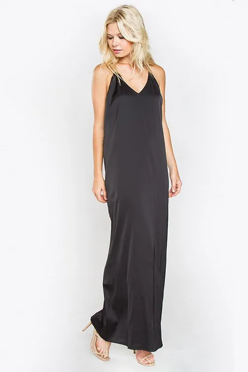 THE MYSTYLEMODE BLACK SATIN MAXI SLIP DRESS