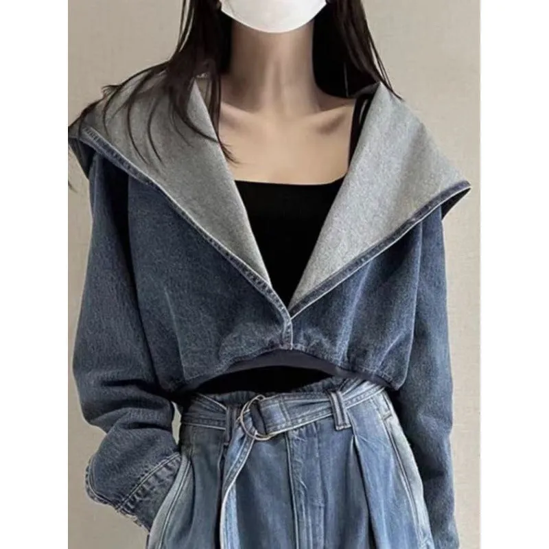 Toleet leapord Autumn outfit Winter and Autumn Coat Blue Hooded Denim Short Coat