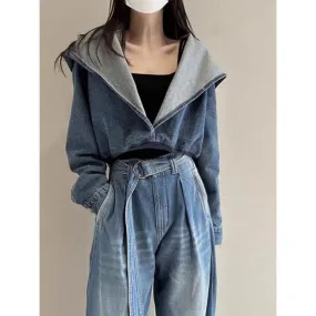 Toleet leapord Autumn outfit Winter and Autumn Coat Blue Hooded Denim Short Coat