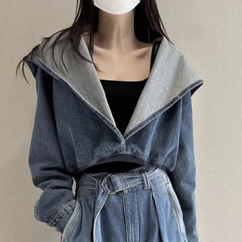 Toleet leapord Autumn outfit Winter and Autumn Coat Blue Hooded Denim Short Coat