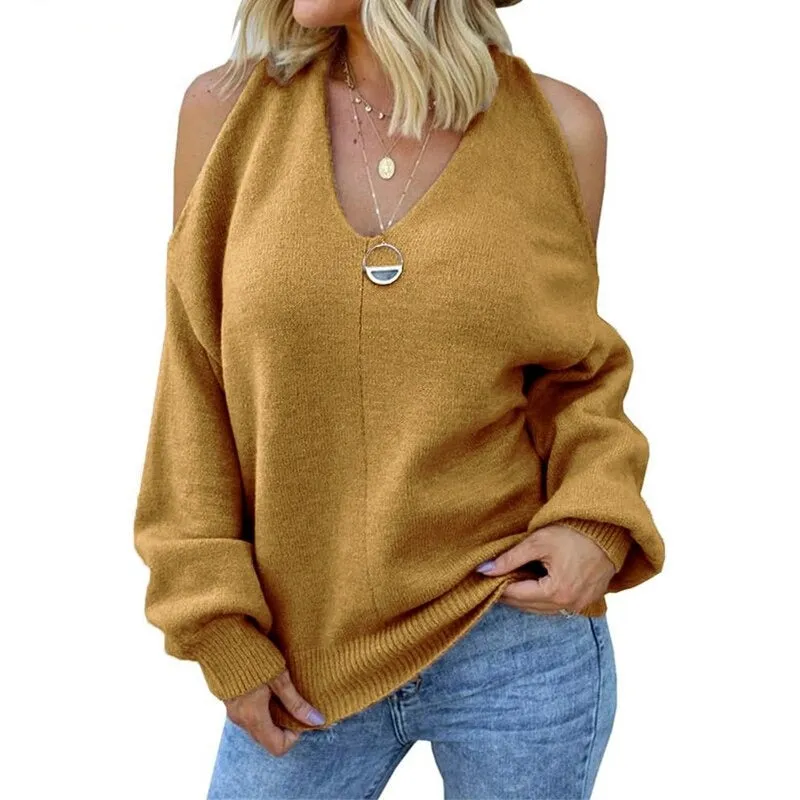 V-neck Off-shoulder Knitted Sexy Sweater