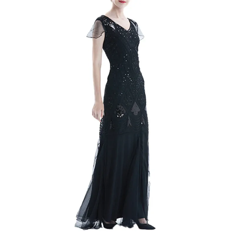 Vintage 1920s sequins lace patchwork costume maxi dress | Retro evening gowns party dress