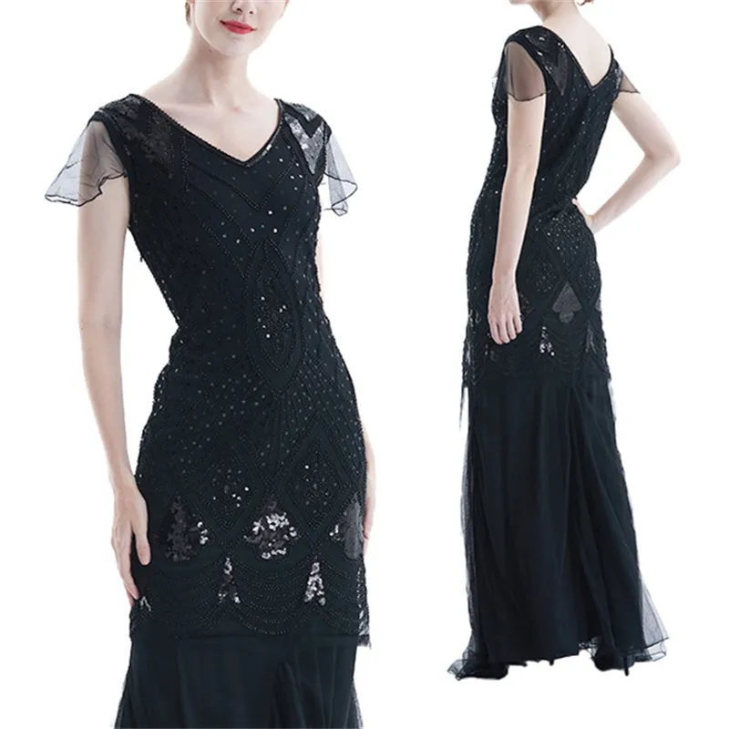 Vintage 1920s sequins lace patchwork costume maxi dress | Retro evening gowns party dress