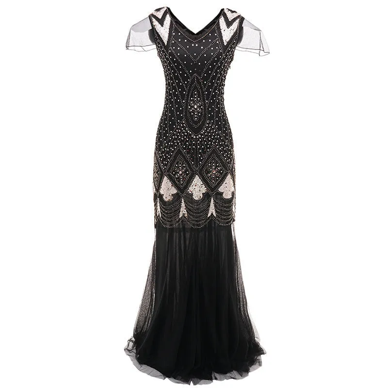 Vintage 1920s sequins lace patchwork costume maxi dress | Retro evening gowns party dress