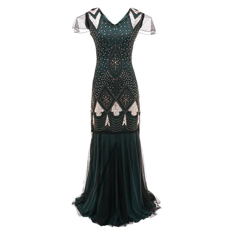 Vintage 1920s sequins lace patchwork costume maxi dress | Retro evening gowns party dress