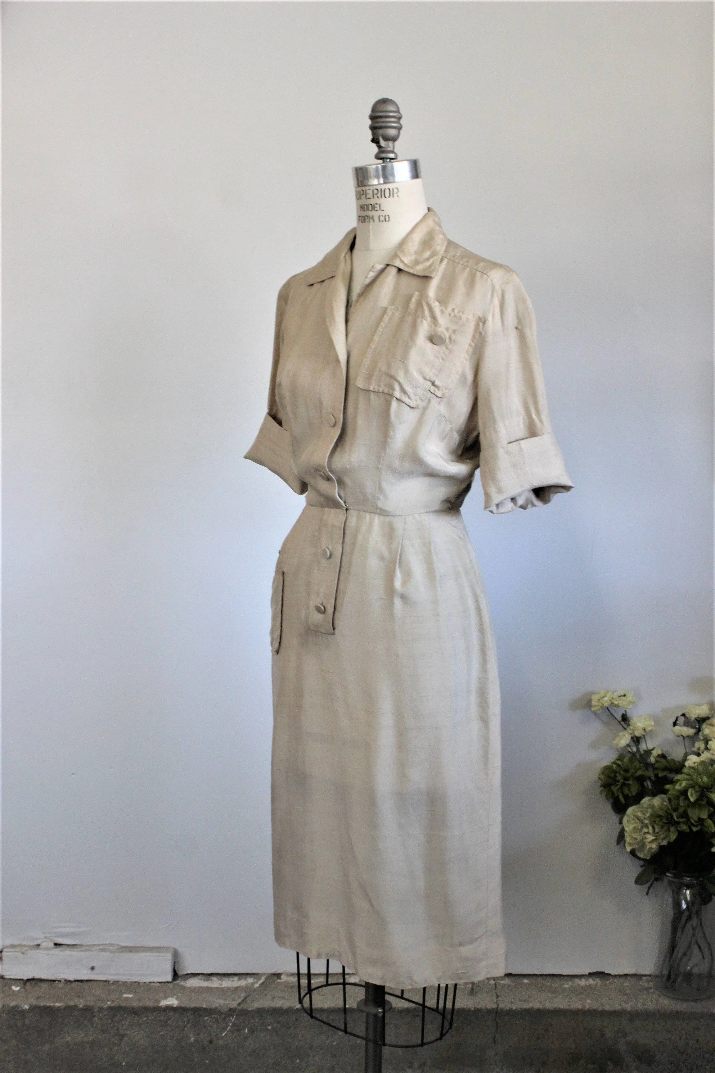 Vintage 1950s Khaki Silk Shirtwaist Dress, Alexanders of California Dress