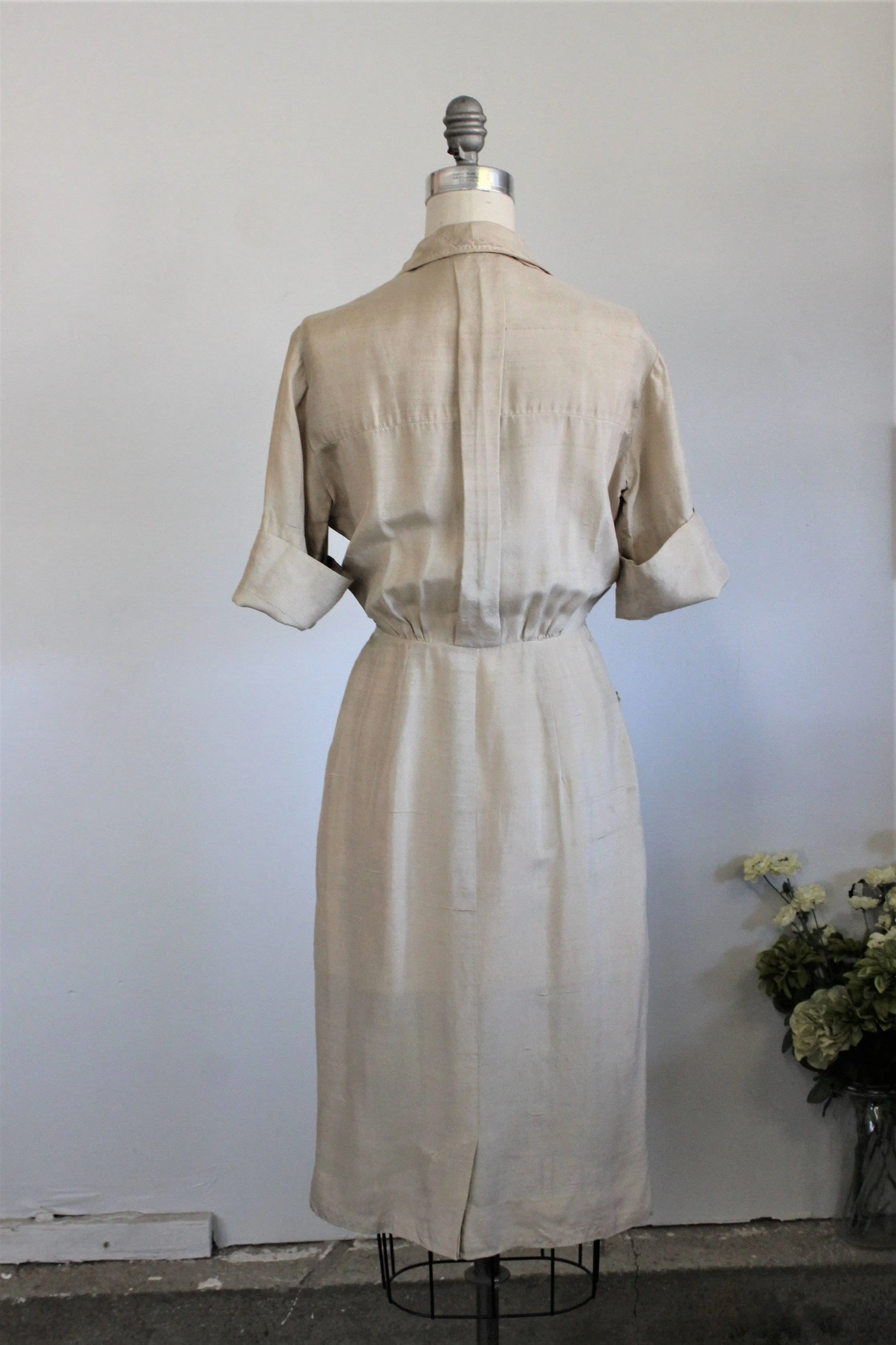 Vintage 1950s Khaki Silk Shirtwaist Dress, Alexanders of California Dress