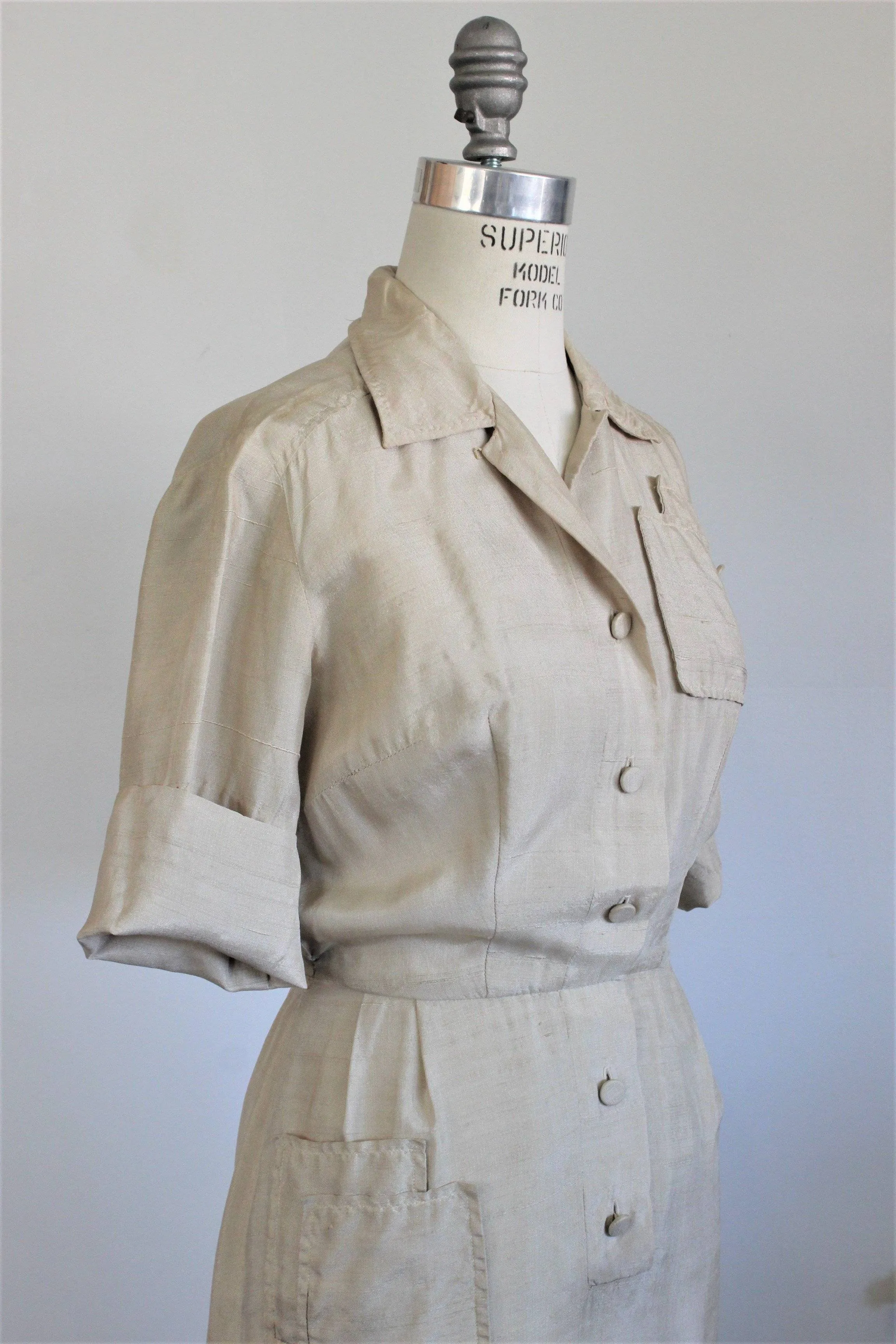 Vintage 1950s Khaki Silk Shirtwaist Dress, Alexanders of California Dress