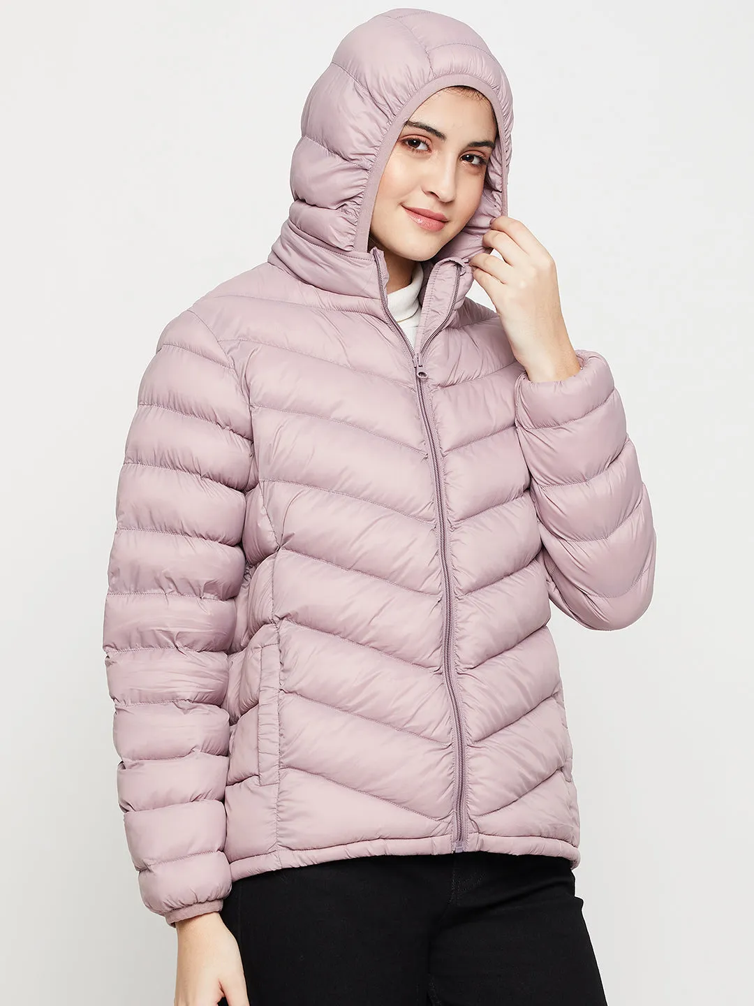 Women's Casual  Purple Quilted Detachable quilted Hood Jacket