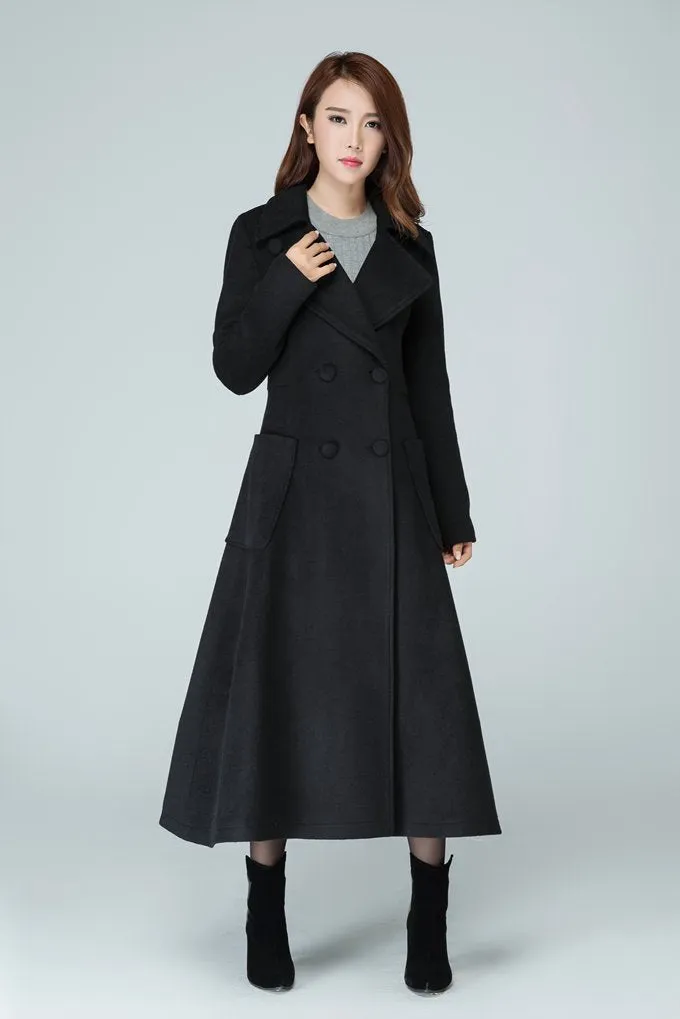 Wool long  women high waist coat with two pockets on the both side 1607