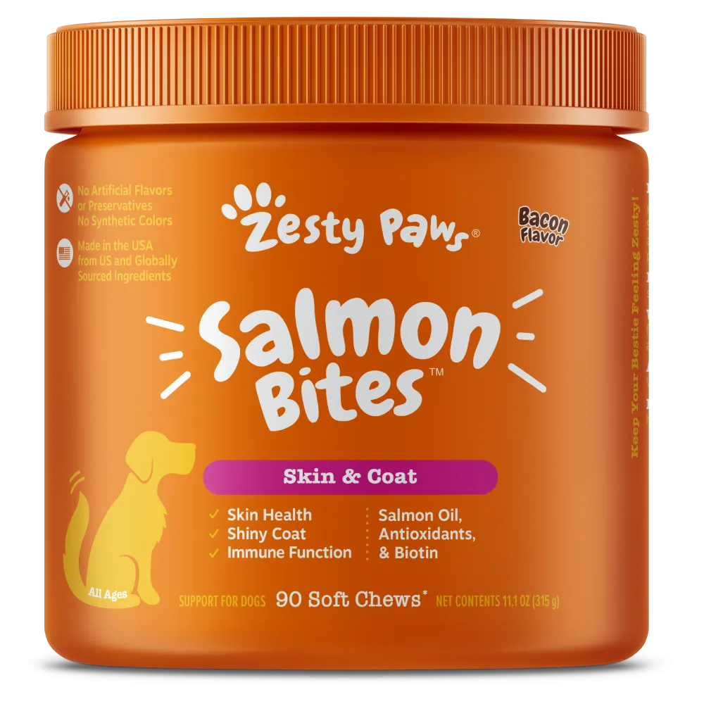 Zesty Paws Dog Salmon Bites Skin & Coat Bacon 90soft chews